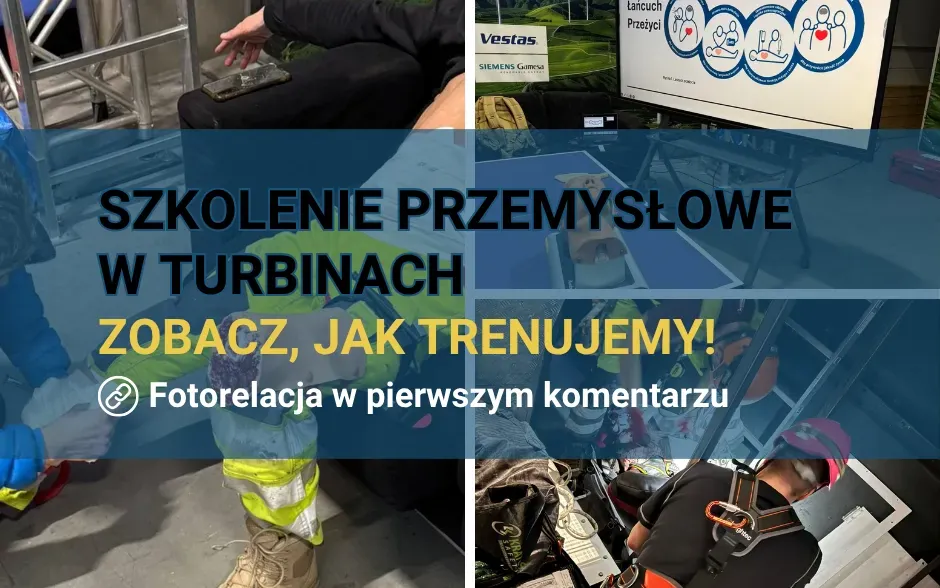 Kolaż zdjęć ze szkolenia Team4Life z pierwszej pomocy dla techników turbin wiatrowych – ratownictwo przemysłowe i praca na wysokości.