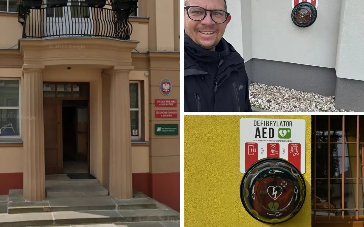 Patryk Wajszczak z Team4Life podczas przekazania defibrylatorów AED w gminie Bolków – urządzenia zamontowane w miejscowościach Lipa i Wolbromek.