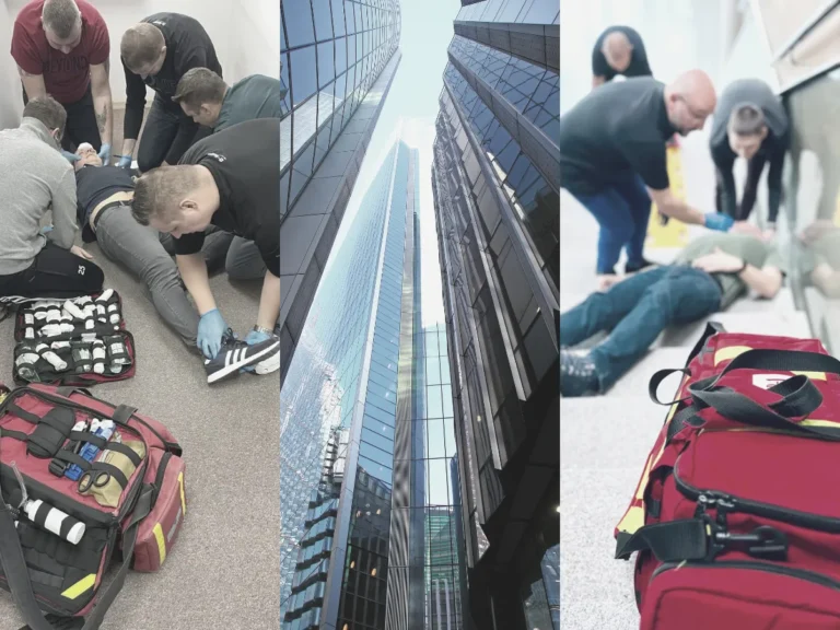 kolaż skłądajacy się z tzrech zdjęć, dwa pzredstwiają zespół cywilnych osb udzieljących pomocy, a ztrecie środkowe wierzowce symbolizujące firmę