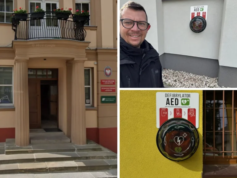 Patryk Wajszczak z Team4Life podczas przekazania defibrylatorów AED w gminie Bolków – urządzenia zamontowane w miejscowościach Lipa i Wolbromek.