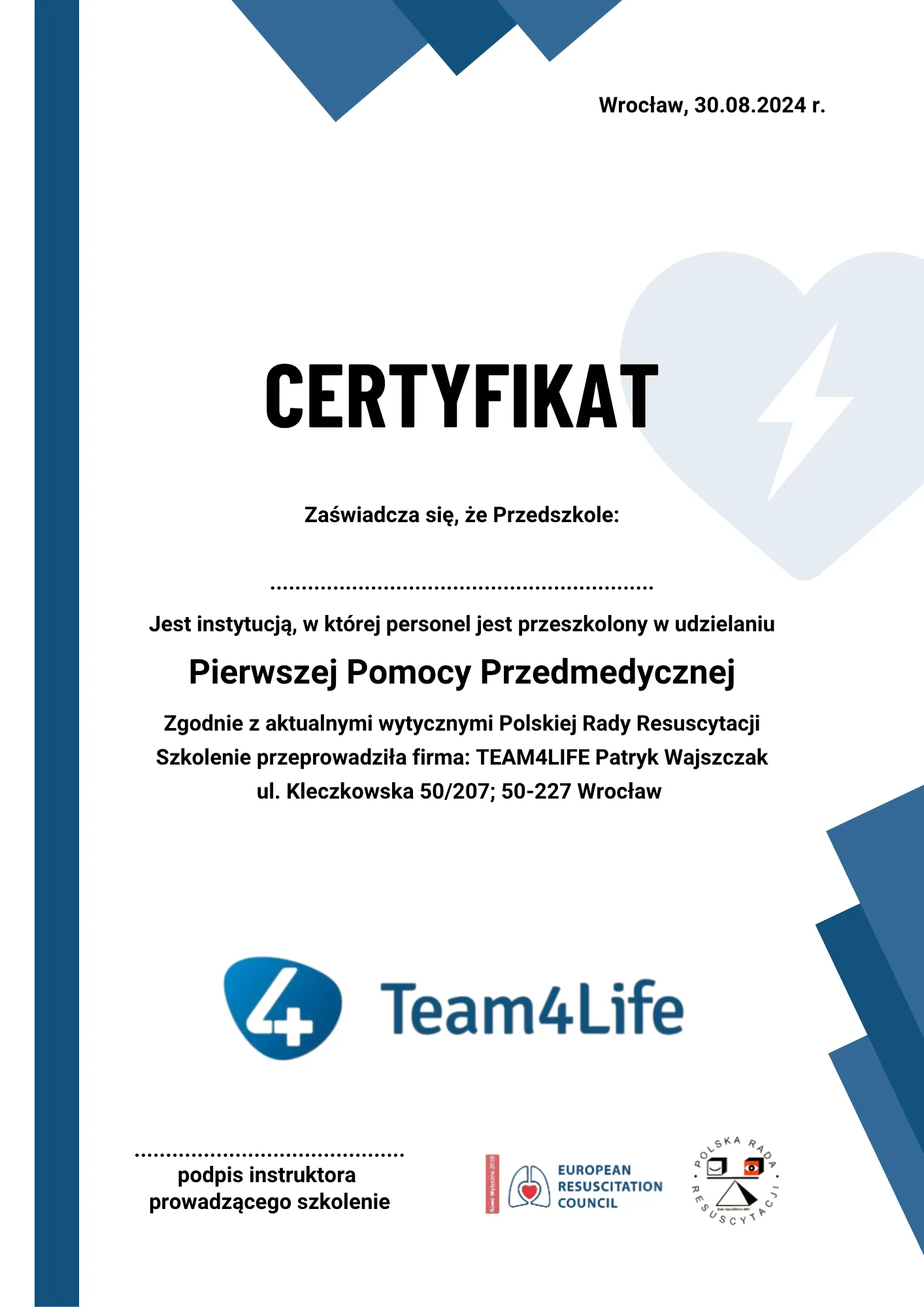 wzór certyfikatu na kartce a4 Certyfikat pierwsza pomoc