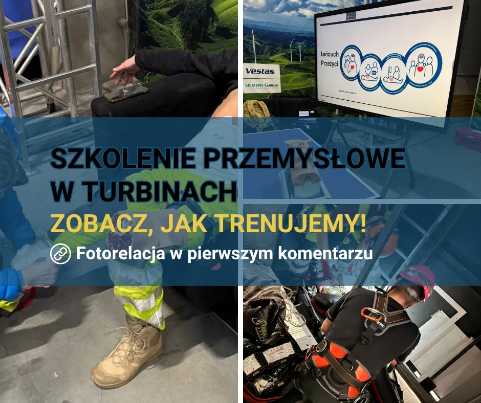 Kolaż zdjęć ze szkolenia Team4Life z pierwszej pomocy dla techników turbin wiatrowych – ratownictwo przemysłowe i praca na wysokości.
